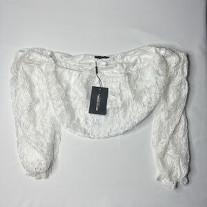 PrettyLittleThing Women's White Lace Bardot Ballon Sleeve Crop Top Size 10